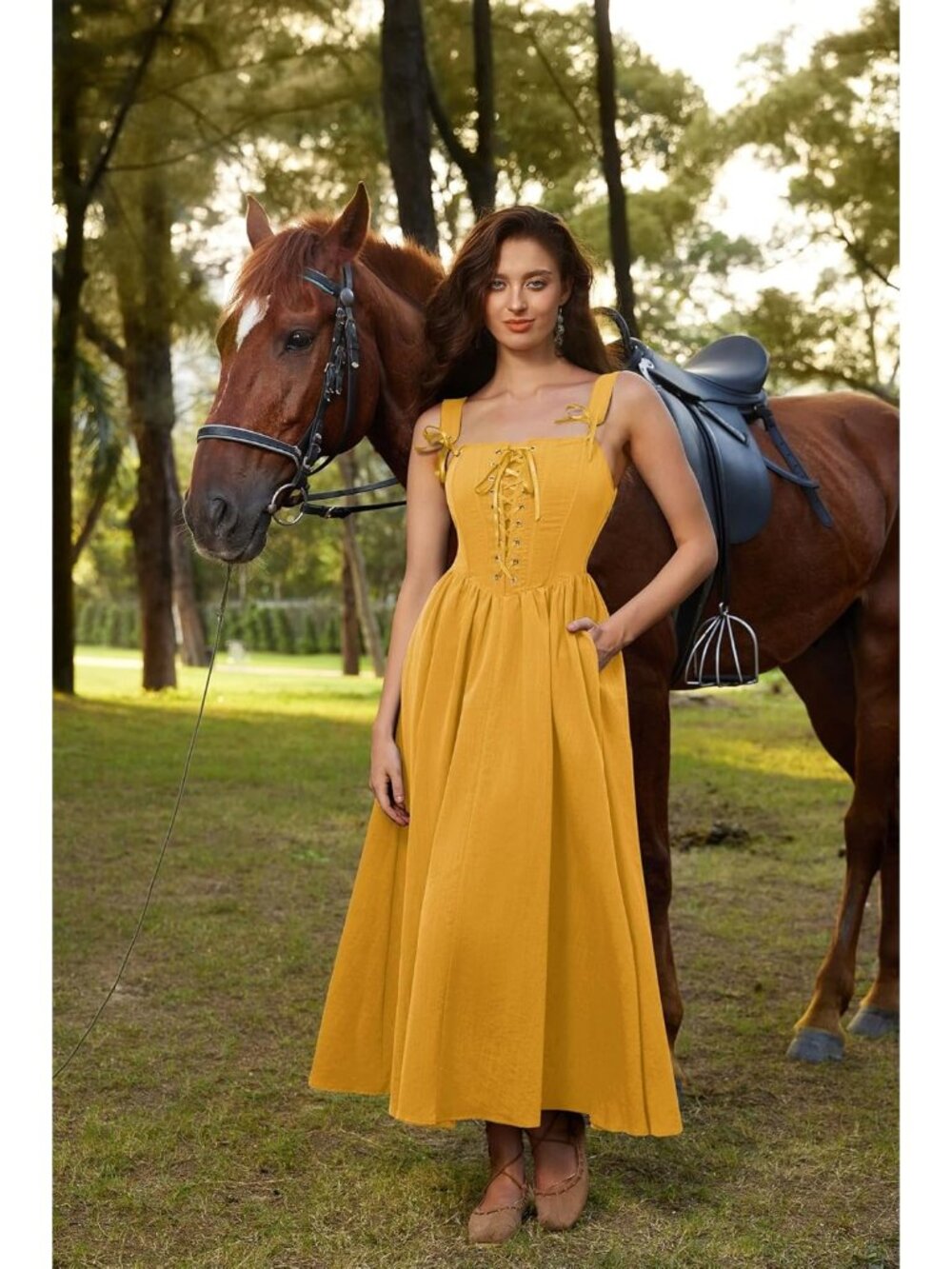 Women's Yellow Cottage Core Long Sleeveless Lace Up Imported Costume Dress - Picture 6 of 6